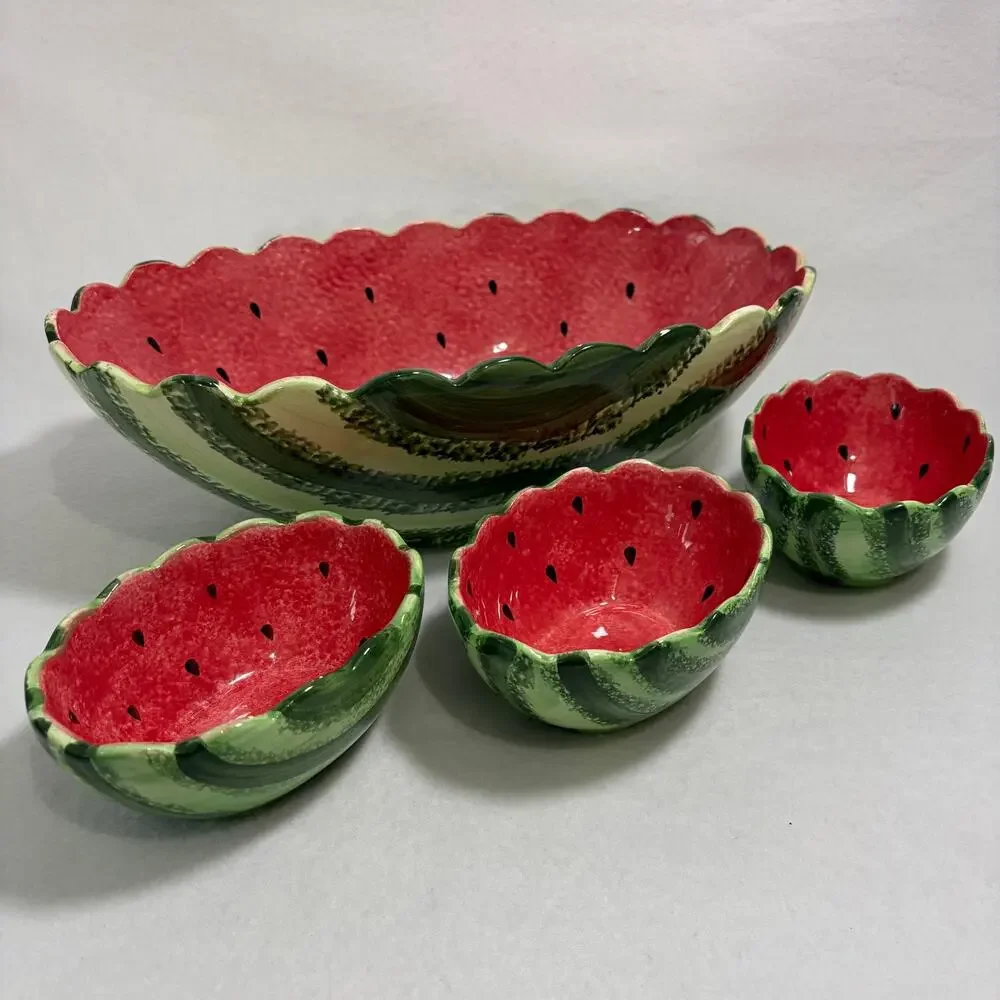 Watermelon Decorative Serving Bowl Set Ceramic with 3 Small Bowls Cookout BBQ